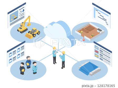 工事の施工管理データをクラウド上で共有している様子をイメージしたアイソメトリックイラスト 128178165