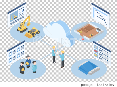 工事の施工管理データをクラウド上で共有している様子をイメージしたアイソメトリックイラスト 128178165