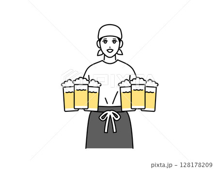 両手にたくさんのビールを持っている男性の居酒屋店員 両手にたくさんのビールを持っている男性の居酒屋店員 128178209