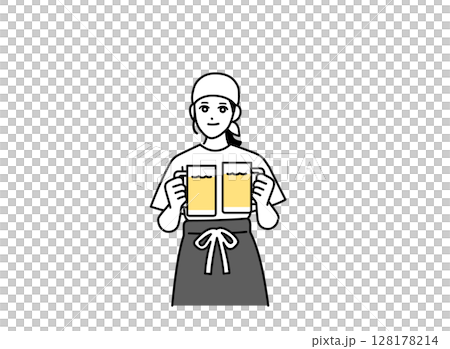 A female bar attendant holding beer in both hands A female bar attendant holding beer in both hands 128178214