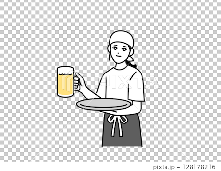 一名女酒吧服務生端著啤酒 128178216