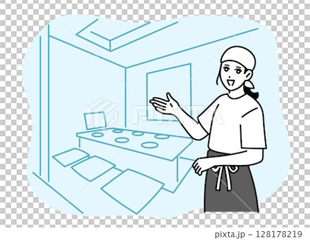 A female bar attendant showing a customer to a tatami room A female bar attendant showing a customer to a tatami room 128178219