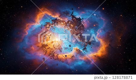 A blue gold nebula sparkles in the darkness of space 128178871