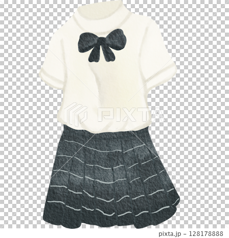 A watercolor illustration of a school uniform featuring a white short sleeved blouse with a blue bow and a pleated dark skirt. A watercolor illustration of a school uniform featuring a white short sleeved blouse with a blue bow and a pleated dark skirt. 128178888