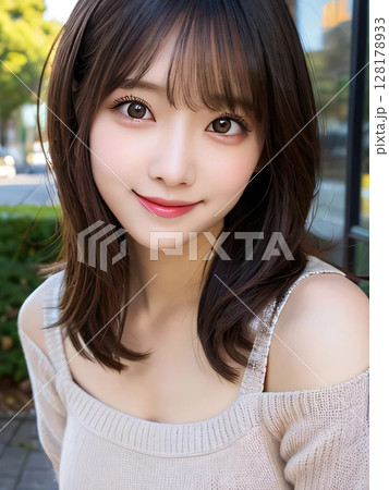 都会で優しく微笑むミディアムヘアの女性 128178933