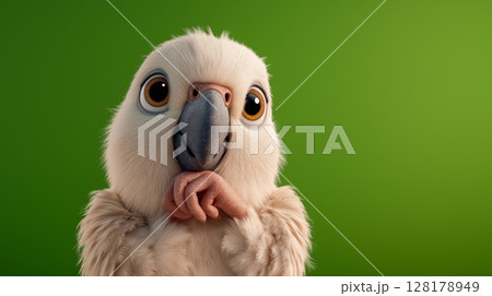 Cute parrot with big eyes perched against a vibrant green background 128178949