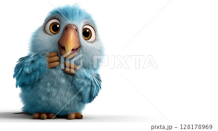 Cute parrot with fluffy blue feathers showing a playful expression against a bright white background 128178969