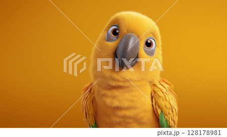 Cute parrot with vibrant feathers brings cheer against a bright yellow background 128178981