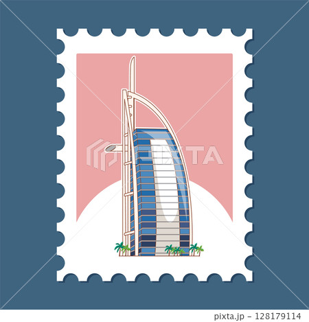 Modern Architectural Landmark on Postage Stamp Modern Architectural Landmark on Postage Stamp 128179114