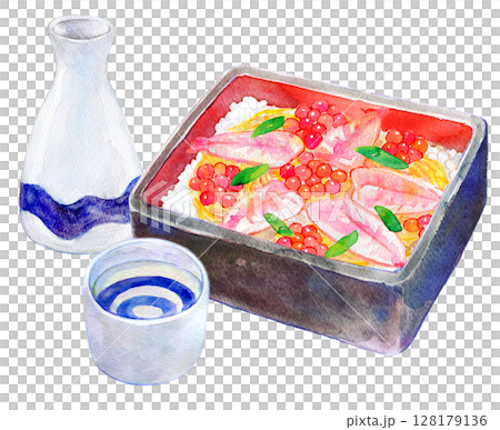 Watercolor illustration, hand-drawn illustration, chirashi sushi and sake 128179136