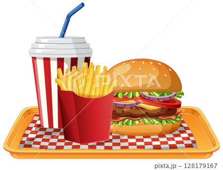 Classic Fast Food Tray with Burger and Fries 128179167