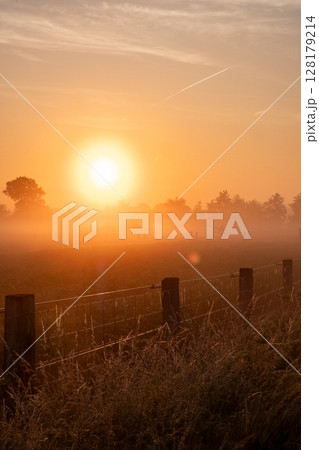 The Serene Sunrise Unfolds Over Beautiful and Misty Fields in the Early Morning Light The Serene Sunrise Unfolds Over Beautiful and Misty Fields in the Early Morning Light 128179214