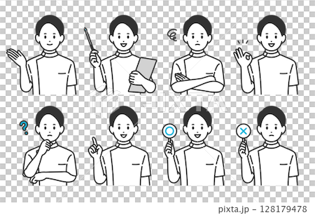 いろいろな表情･ポーズをする男性医師･看護師･技師のセット【人物ベクターイラスト素材】 128179478
