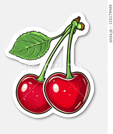 A vibrant pair of cartoon red cherries with green stems and leaf, depicted as a cheerful sticker. 128179489