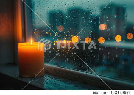 Burning Candle on Window Sill with Raindrops and City Lights at Night 128179651