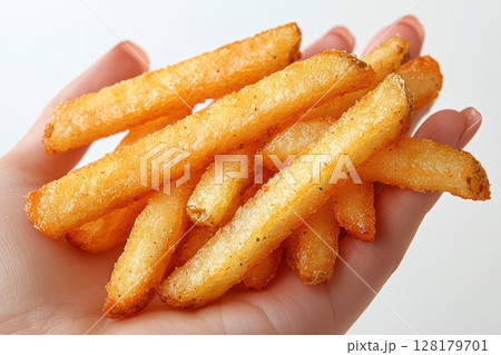 Enjoy Our Golden Crispy French Fries, Perfectly Served in Your Hands for Delicious Snacking 128179701