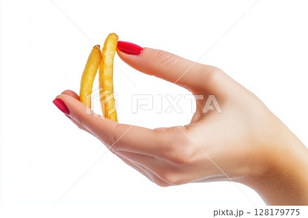 A Hand Holding Golden Delicious French Fries with Bright Red Nail Polish is Featured 128179775