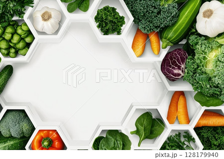Discover Fresh Organic Vegetables beautifully arranged in a stunning Hexagonal Display 128179940