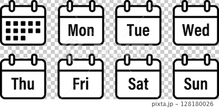 Calendar icon illustration for apps, websites and UI, black and white line drawing, day of the week 2 128180026