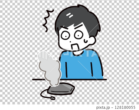 モバイルバッテリーから煙が出て驚く私服の若い男性(ベクター) モバイルバッテリーから煙が出て驚く私服の若い男性(ベクター) 128180055