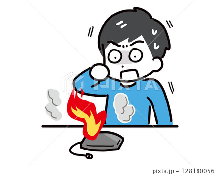 燃えているモバイルバッテリーと驚く男性 燃えているモバイルバッテリーと驚く男性 128180056