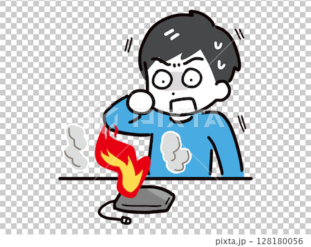 燃えているモバイルバッテリーと驚く男性 燃えているモバイルバッテリーと驚く男性 128180056