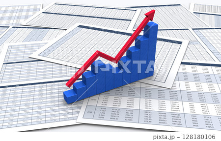数字データのビジネス書類と上昇する3Dの矢印と棒グラフ 128180106