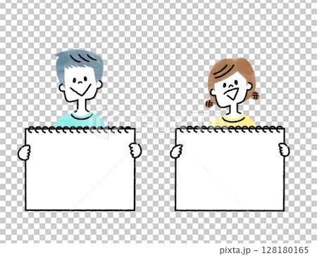 Line drawing illustration of a boy and girl holding a sketchbook 128180165