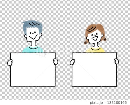 Smiling boy and girl holding a message board Smiling boy and girl holding a message board 128180166