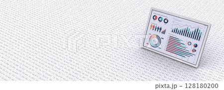 数字とデータを可視化表示したタブレット、PCによるデータ処理のイメージ 128180200