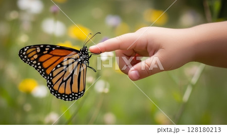 Gentle touch of a child hand on a monarch butterfly in a summer meadow 128180213