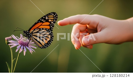 Child hand gently reaching towards a monarch butterfly on a purple flower 128180214