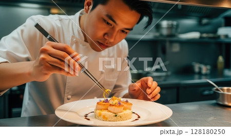 Male chef meticulously plating gourmet scallops in a professional restaurant kitchen 128180250