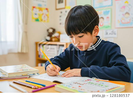 子ども部屋で勉強する小学生の男の子 子ども部屋で勉強する小学生の男の子 128180537