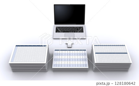 山積みのビジネス資料とノートパソコン、デジタル化のイメージ 128180642