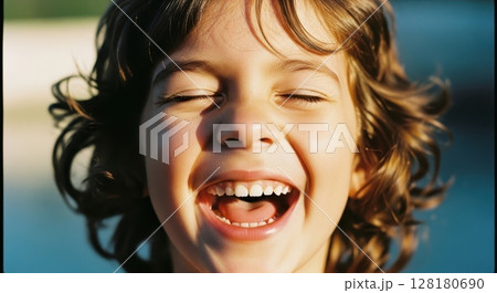 Joyful child with curly hair laughing heartily with eyes closed in warm sunlight 128180690