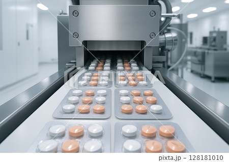 Automated pharmaceutical blister pack production on a conveyor belt in a sterile factory 128181010