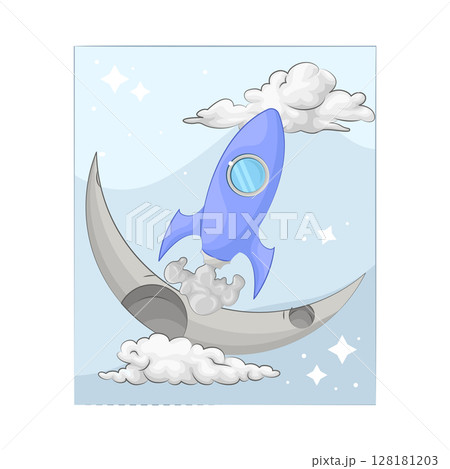 Illustration of Crescent Moon with rocket 128181203