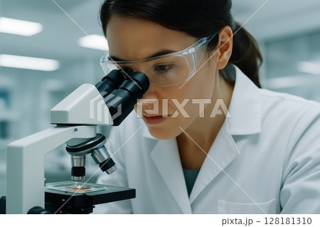 Female scientist in lab coat and goggles examining sample under microscope 128181310