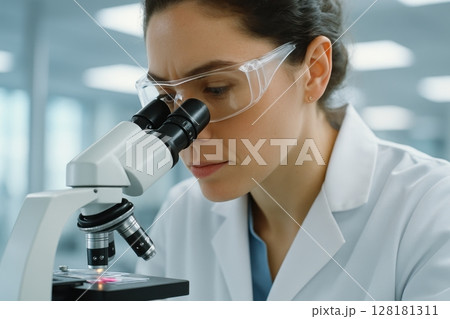 Woman scientist wearing protective goggles and a lab coat examining a sample under a microscope in a bright laboratory 128181311