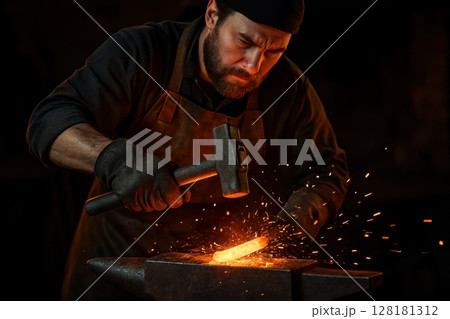 Skilled blacksmith hammering glowing hot metal on an anvil in a dark workshop 128181312