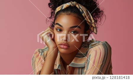 Stylish young woman with curly hair and headscarf posing against a pink background in a fashionable outfit 128181418