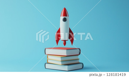 Rocket Launching Over Stack of Colorful Books on Bright Blue Background for Education and Inspiration 128181419