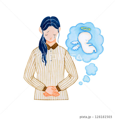 妊活 妊娠　流産した赤ちゃんを悲しむ女性　水彩 イラスト 128181503