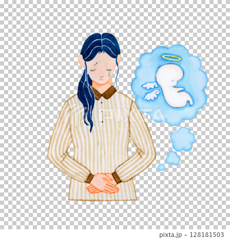 妊活 妊娠　流産した赤ちゃんを悲しむ女性　水彩 イラスト 128181503