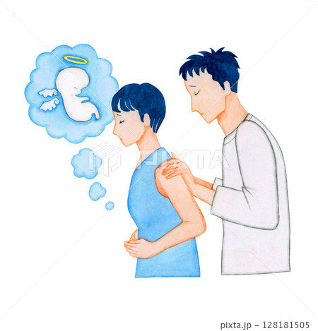 妊活 妊娠　流産した赤ちゃんを悲しむ夫婦　水彩 イラスト 128181505