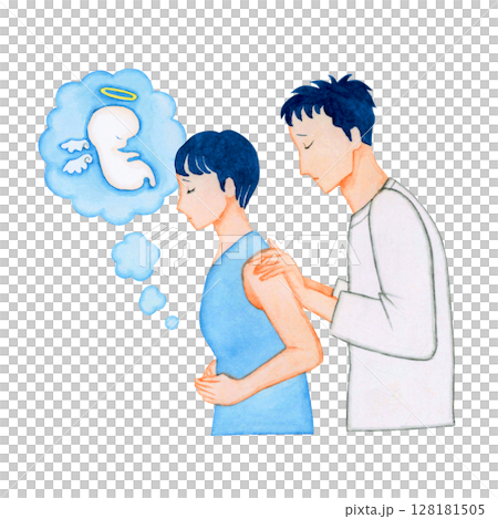 妊活 妊娠　流産した赤ちゃんを悲しむ夫婦　水彩 イラスト 128181505