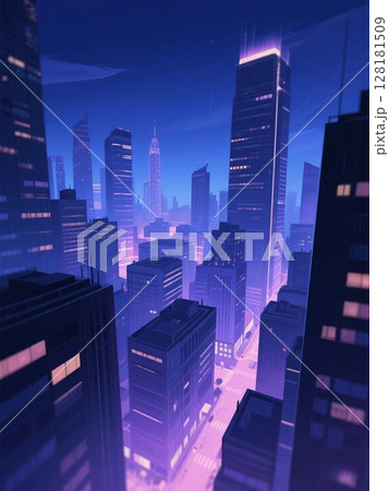 イラスト素材：ビルの合間から見る都市の夜景 128181509