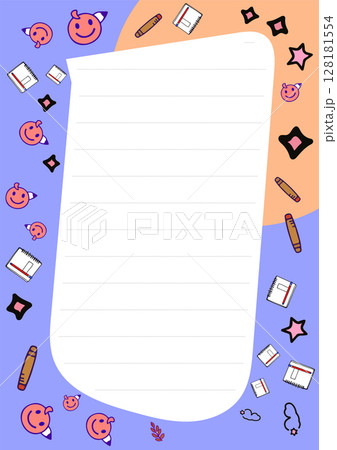 Cute stationery design featuring a lined notepad and playful doodles perfect for journaling notes or planning Cute stationery design featuring a lined notepad and playful doodles perfect for journaling notes or planning 128181554