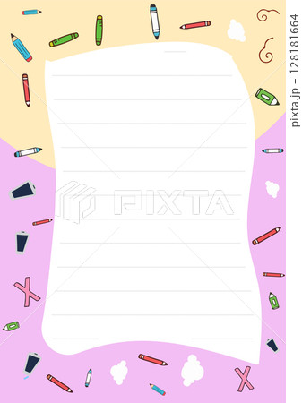 Cute Stationery Template with Colorful Pencils and Notepaper for Kids Drawing and Writing 128181664